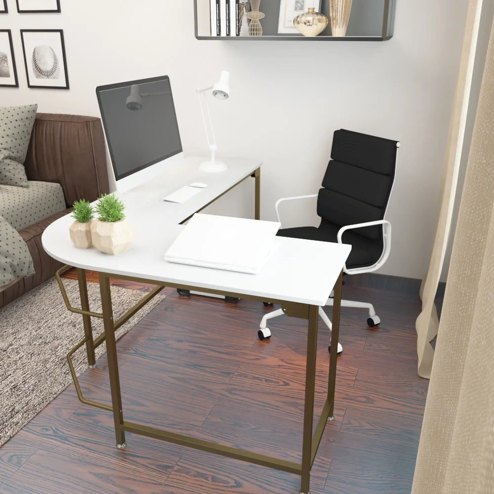 White and Gold L Shaped Corner Desk: Elegance Meets Functionality!